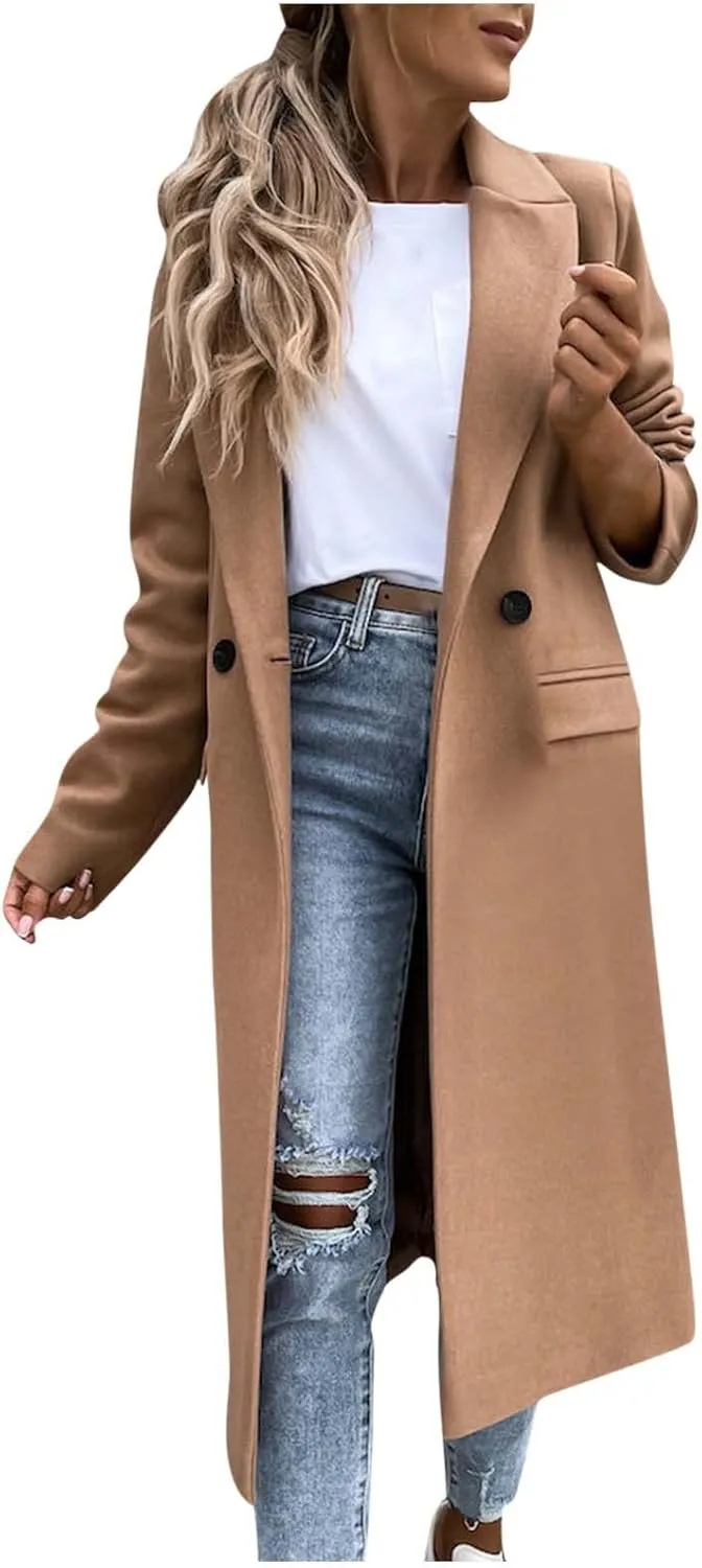 Trench Coats for Women 2024 Trendy Single Breasted Office Overcoats Notched Lapel Collar Wool Blend Pea Coat