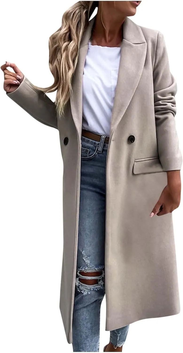 Trench Coats for Women 2024 Trendy Single Breasted Office Overcoats Notched Lapel Collar Wool Blend Pea Coat