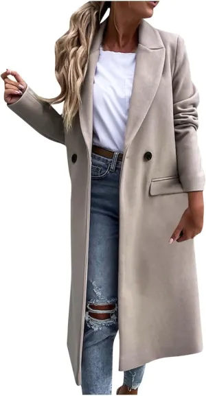 Trench Coats for Women 2024 Trendy Single Breasted Office Overcoats Notched Lapel Collar Wool Blend Pea Coat