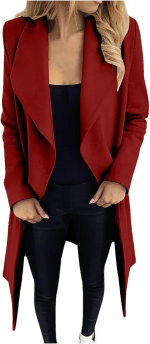 Trench Coats for Women Winter Wool Blend Camel Mid-Long Coat Long Sleeve Slim Casual Open Front Cardigans Outwear