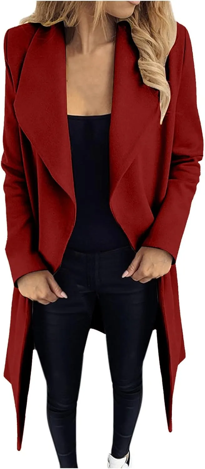 Trench Coats for Women Winter Wool Blend Camel Mid-Long Coat Long Sleeve Slim Casual Open Front Cardigans Outwear