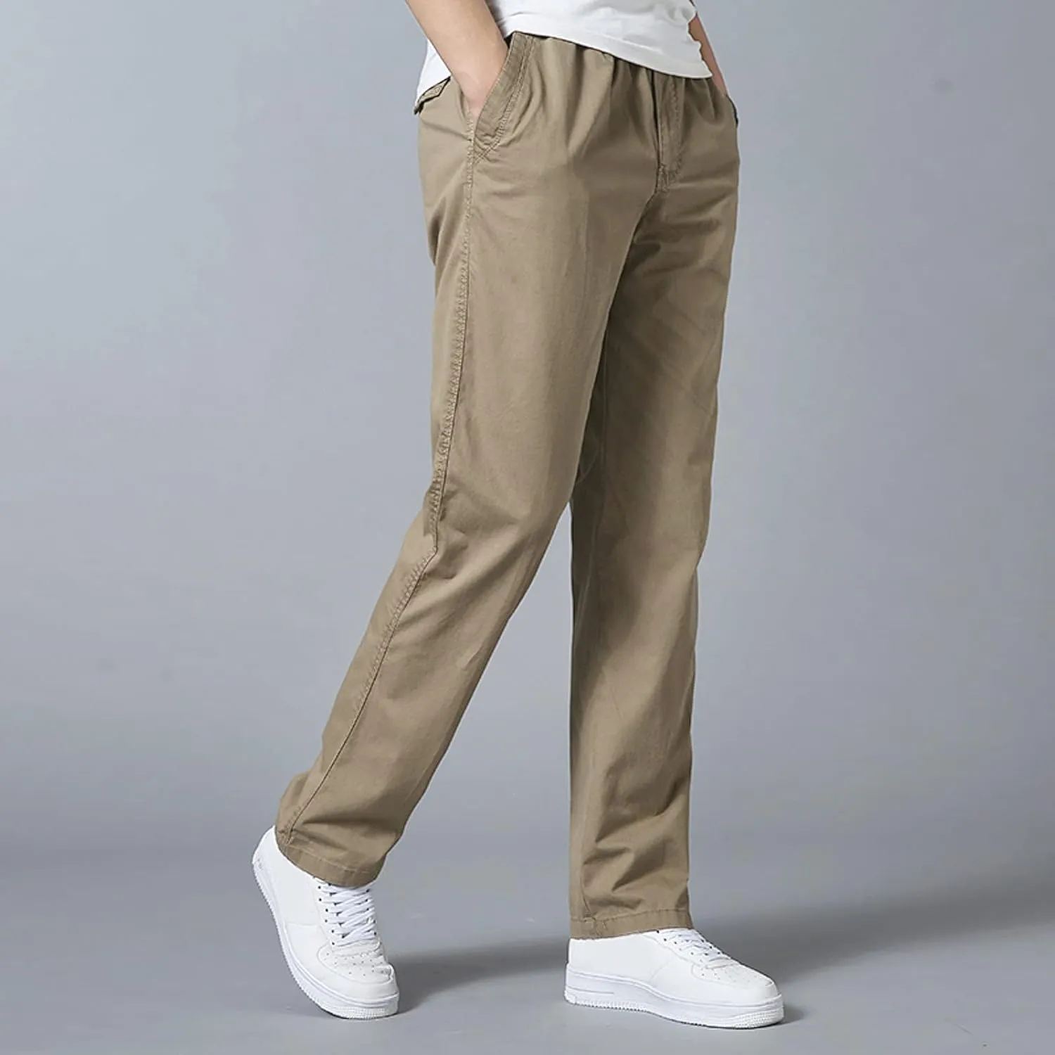 Trendy Solid Color Strech Chino Pants for Men Cotton Soft Lightweight Slim Fit Open Bottom High Waist Cargo Trousers
