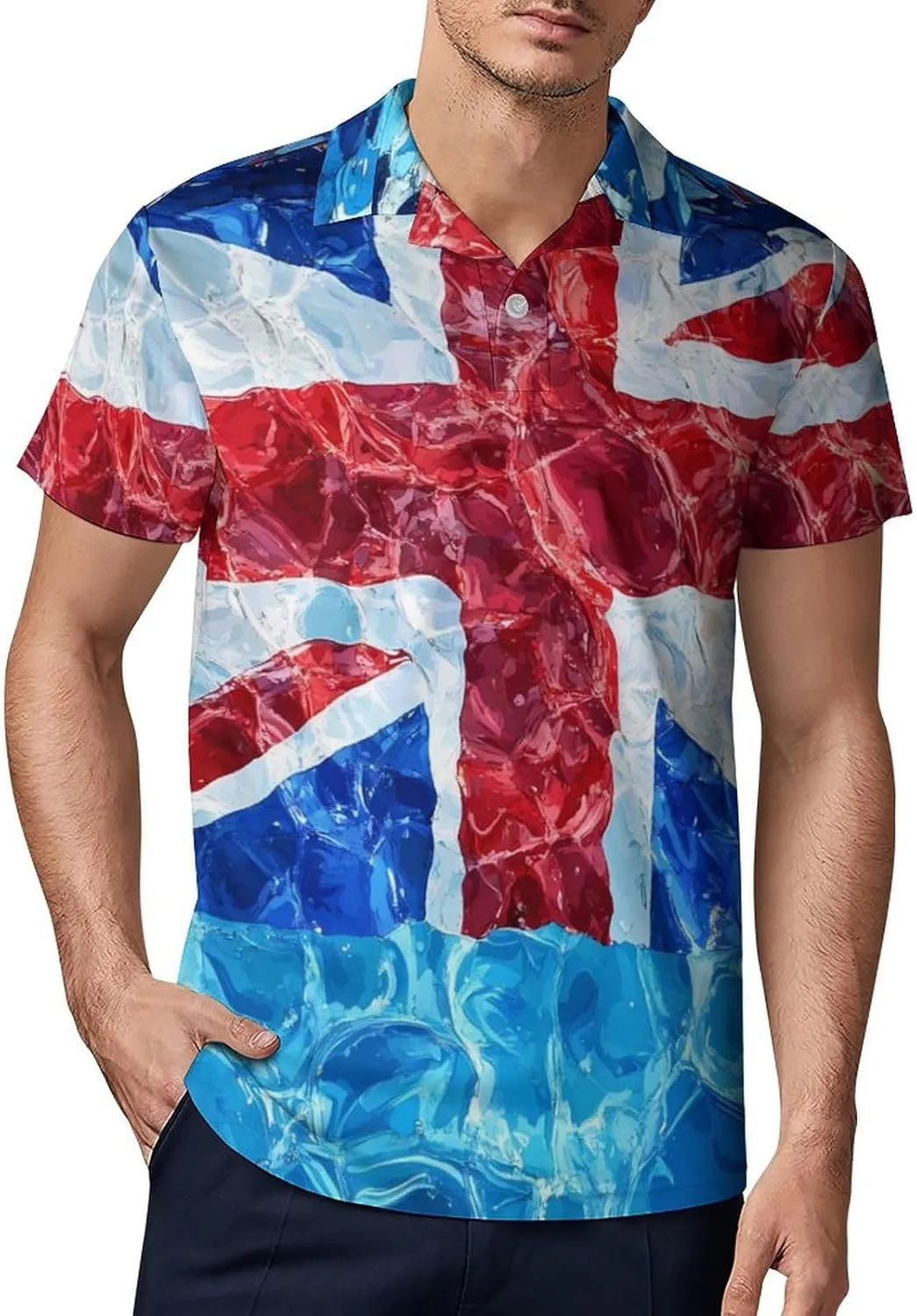 United Kingdom Flag in Water Men's Polo-Shirt Regular-Fit Short Sleeve Sports Quick Dry Golf Tennis T-Shirt