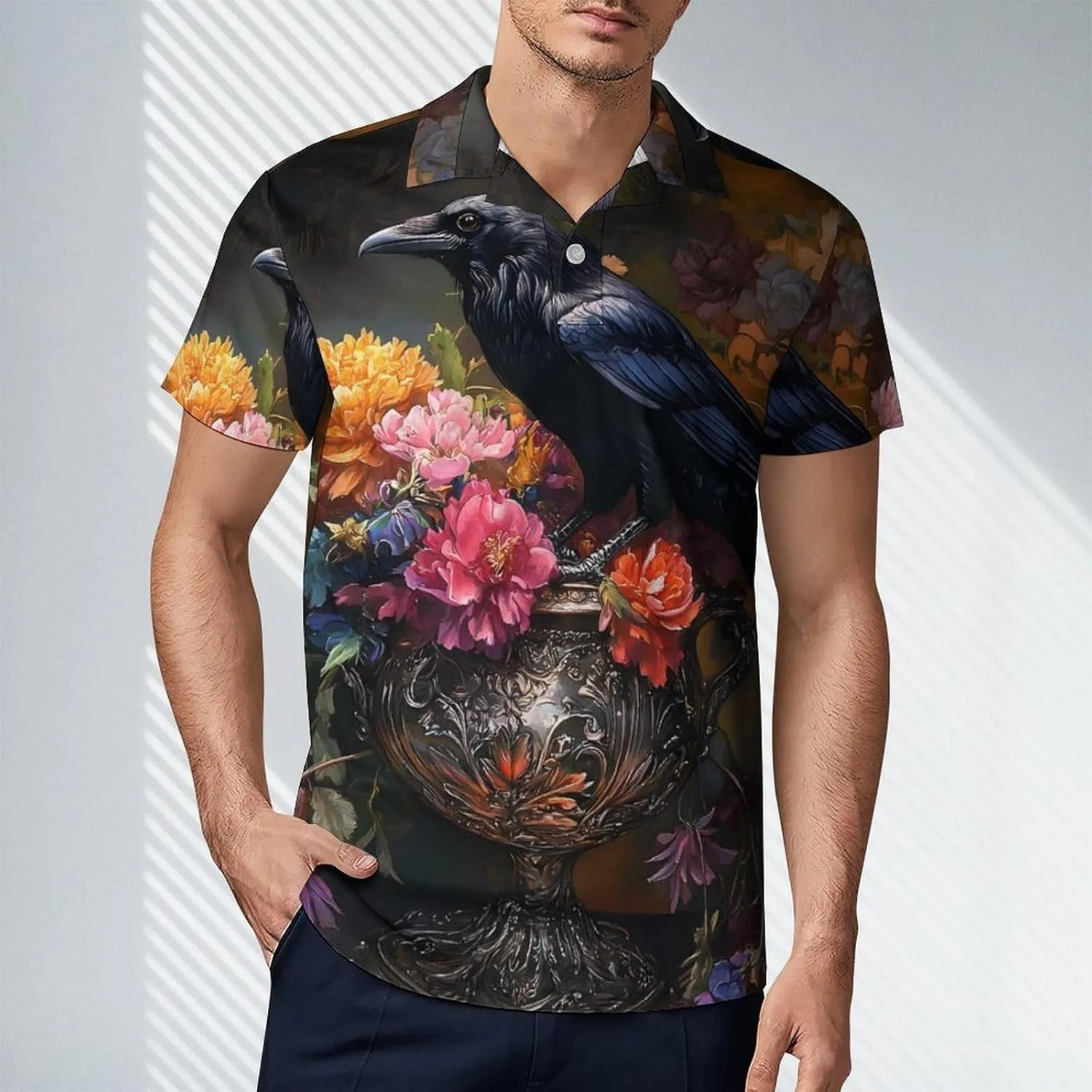 Vintage Black Raven Crow Men's Polo-Shirt Regular-Fit Short Sleeve Sports Quick Dry Golf Tennis T-Shirt