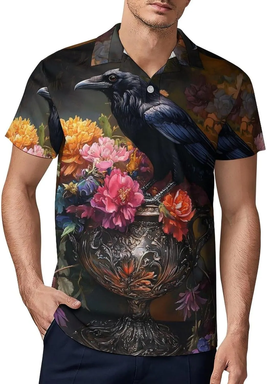 Vintage Black Raven Crow Men's Polo-Shirt Regular-Fit Short Sleeve Sports Quick Dry Golf Tennis T-Shirt