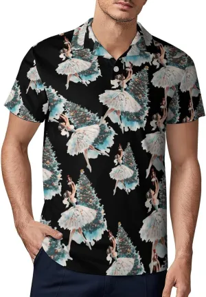 Watercolor Nutcracker Ballet Christmas Tree Men's Polo-Shirt Regular-Fit Short Sleeve Sports Quick Dry Golf Tennis T-Shirt