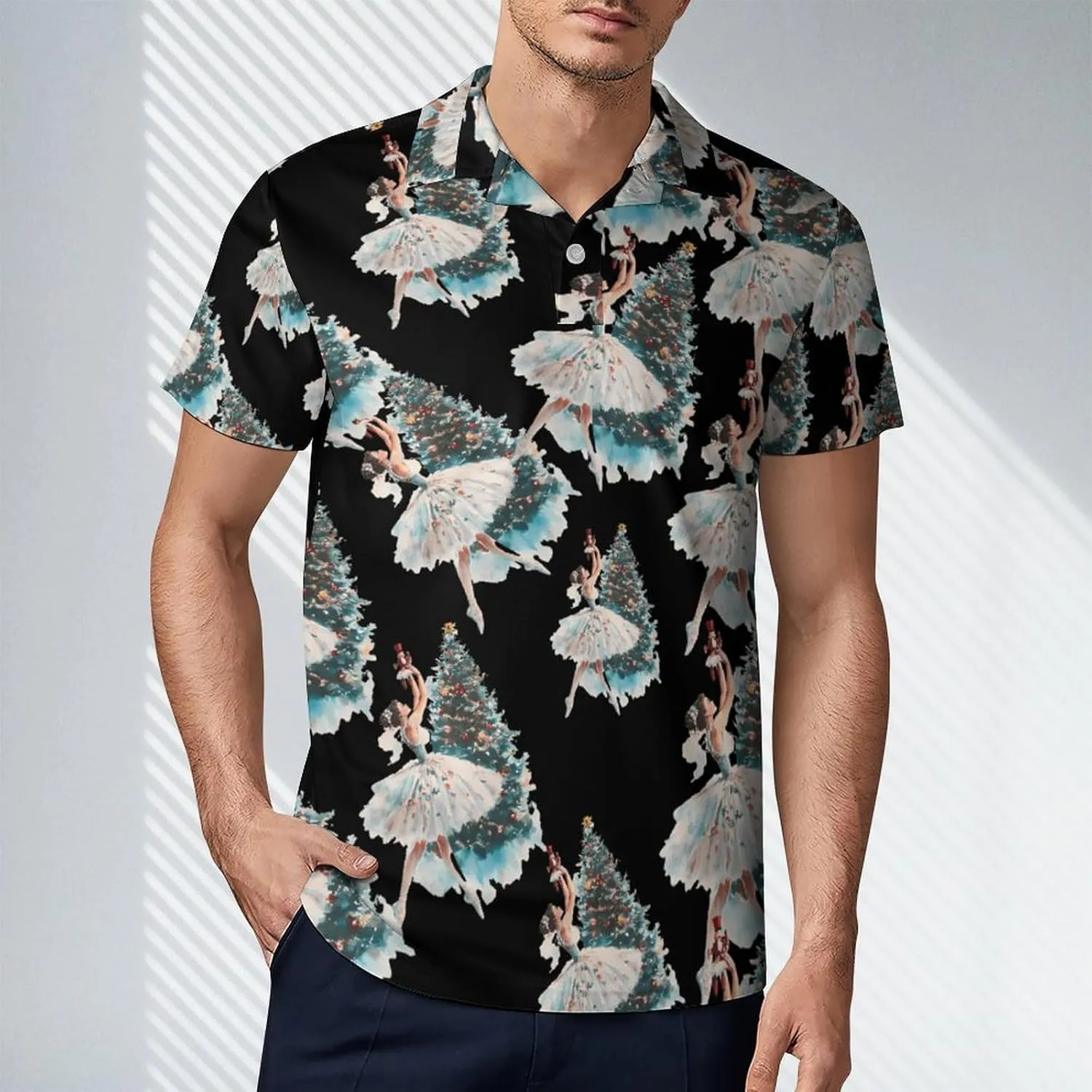 Watercolor Nutcracker Ballet Christmas Tree Men's Polo-Shirt Regular-Fit Short Sleeve Sports Quick Dry Golf Tennis T-Shirt