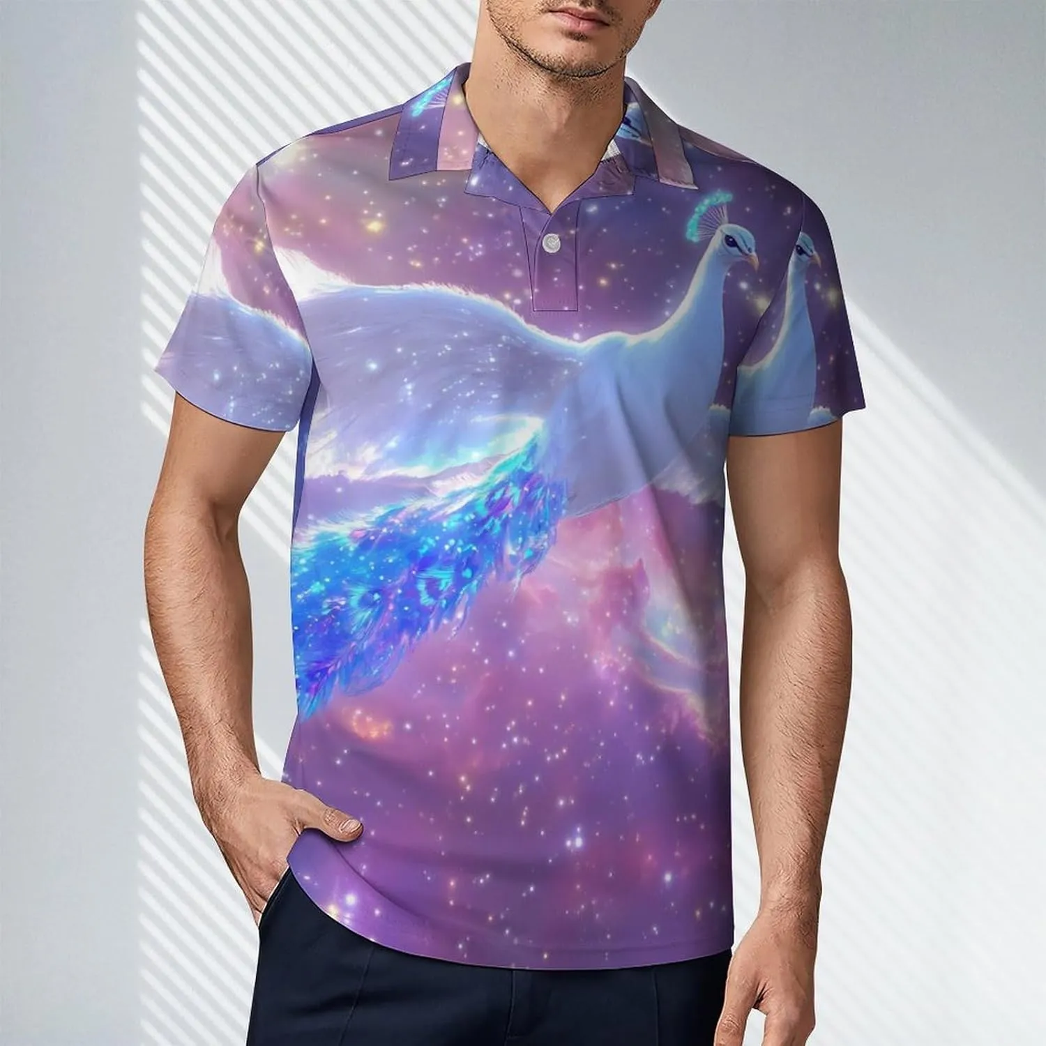 White Flying Peacock Men's Polo-Shirt Regular-Fit Short Sleeve Sports Quick Dry Golf Tennis T-Shirt