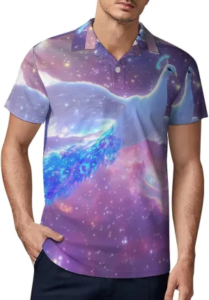 White Flying Peacock Men's Polo-Shirt Regular-Fit Short Sleeve Sports Quick Dry Golf Tennis T-Shirt