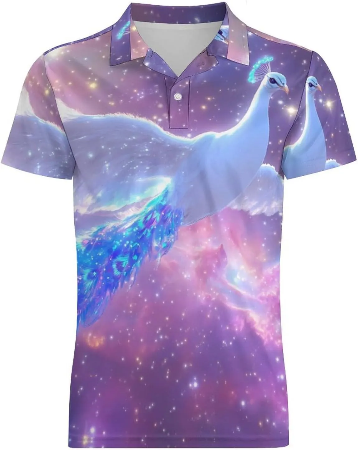 White Flying Peacock Men's Polo-Shirt Regular-Fit Short Sleeve Sports Quick Dry Golf Tennis T-Shirt