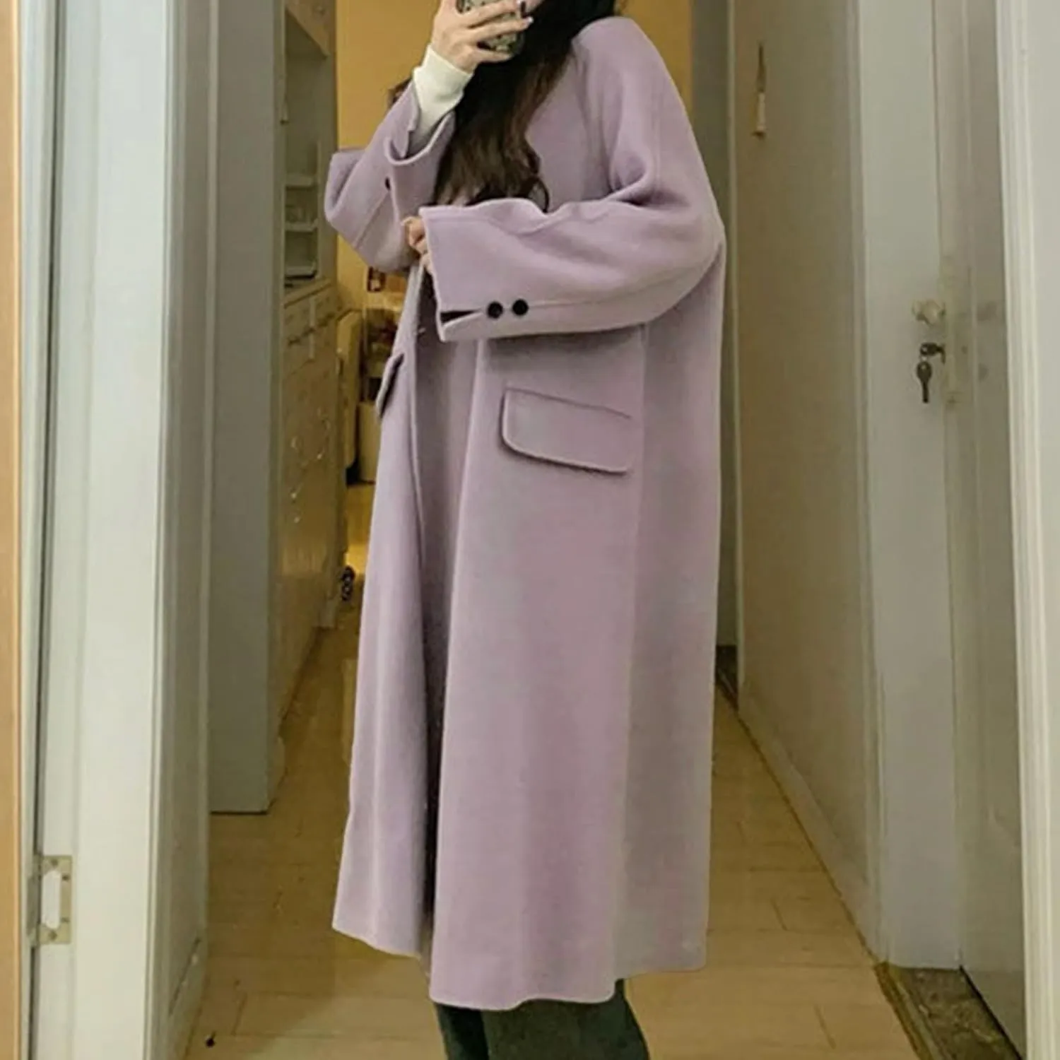 Winter Trench Coats for Women Mid-Long Wool Blend Coats Notch Lapel Collared Double-Breasted Overcoat Outwear