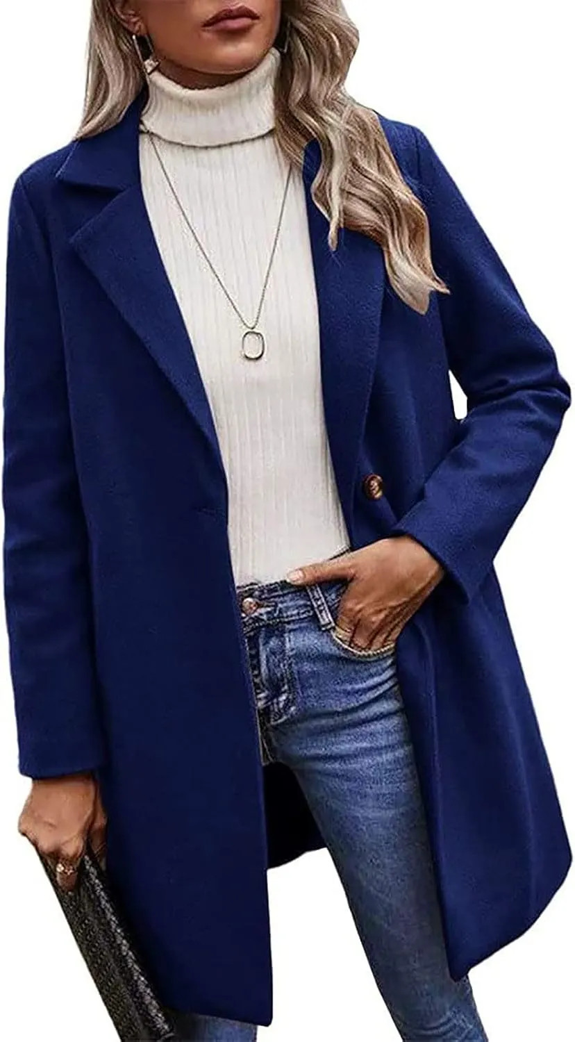 Winter Wool Coat for Women Notch Lapel Single-Breasted Trench Coats Long Sleeve Mid Length Pea Coats Fall Jacket