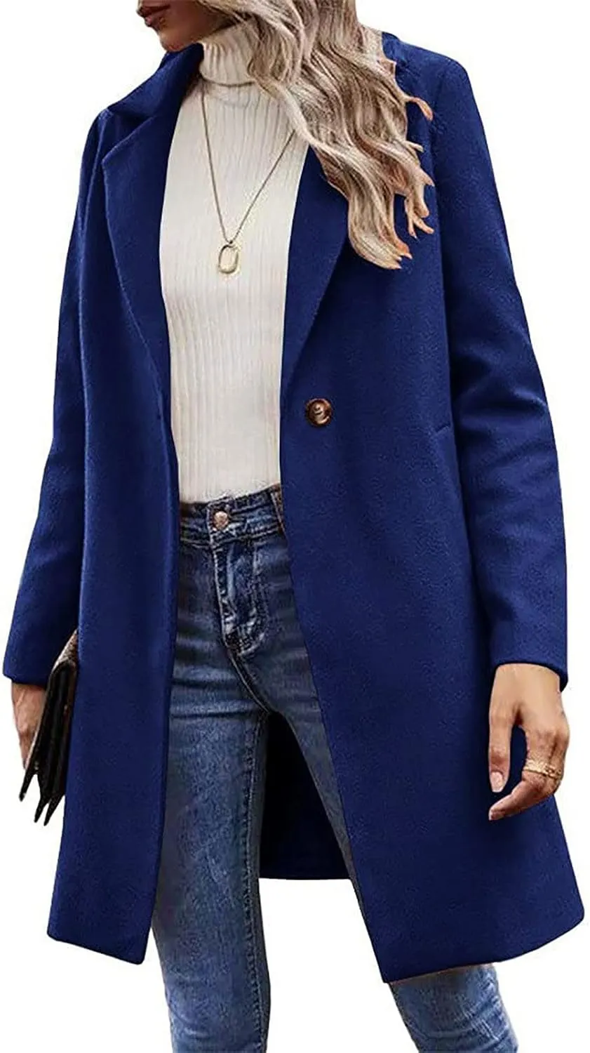Winter Wool Coat for Women Notch Lapel Single-Breasted Trench Coats Long Sleeve Mid Length Pea Coats Fall Jacket