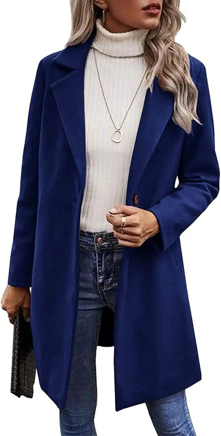 Winter Wool Coat for Women Notch Lapel Single-Breasted Trench Coats Long Sleeve Mid Length Pea Coats Fall Jacket