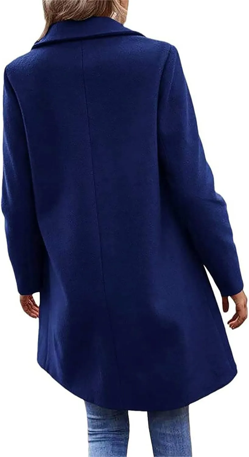 Winter Wool Coat for Women Notch Lapel Single-Breasted Trench Coats Long Sleeve Mid Length Pea Coats Fall Jacket