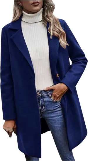 Winter Wool Coat for Women Notch Lapel Single-Breasted Trench Coats Long Sleeve Mid Length Pea Coats Fall Jacket
