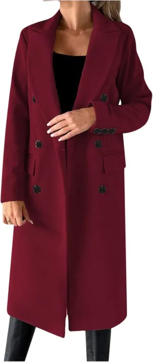 Wkishenl Long Winter Coats for Women Casual Notch Lapel Double-Breasted Peacoat Elegant Work Office Trench Coat with Pockets