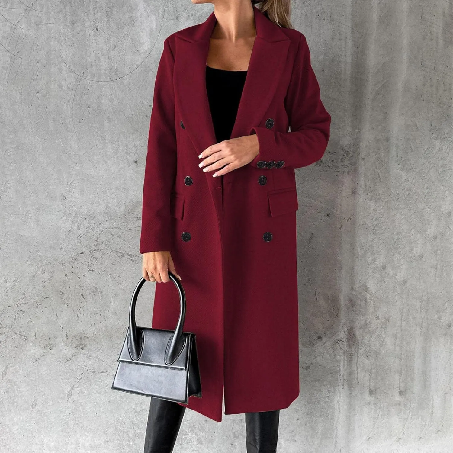 Wkishenl Long Winter Coats for Women Casual Notch Lapel Double-Breasted Peacoat Elegant Work Office Trench Coat with Pockets
