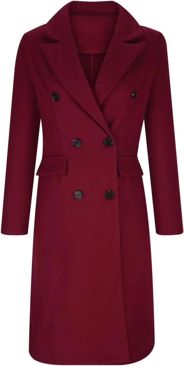 Wkishenl Long Winter Coats for Women Casual Notch Lapel Double-Breasted Peacoat Elegant Work Office Trench Coat with Pockets
