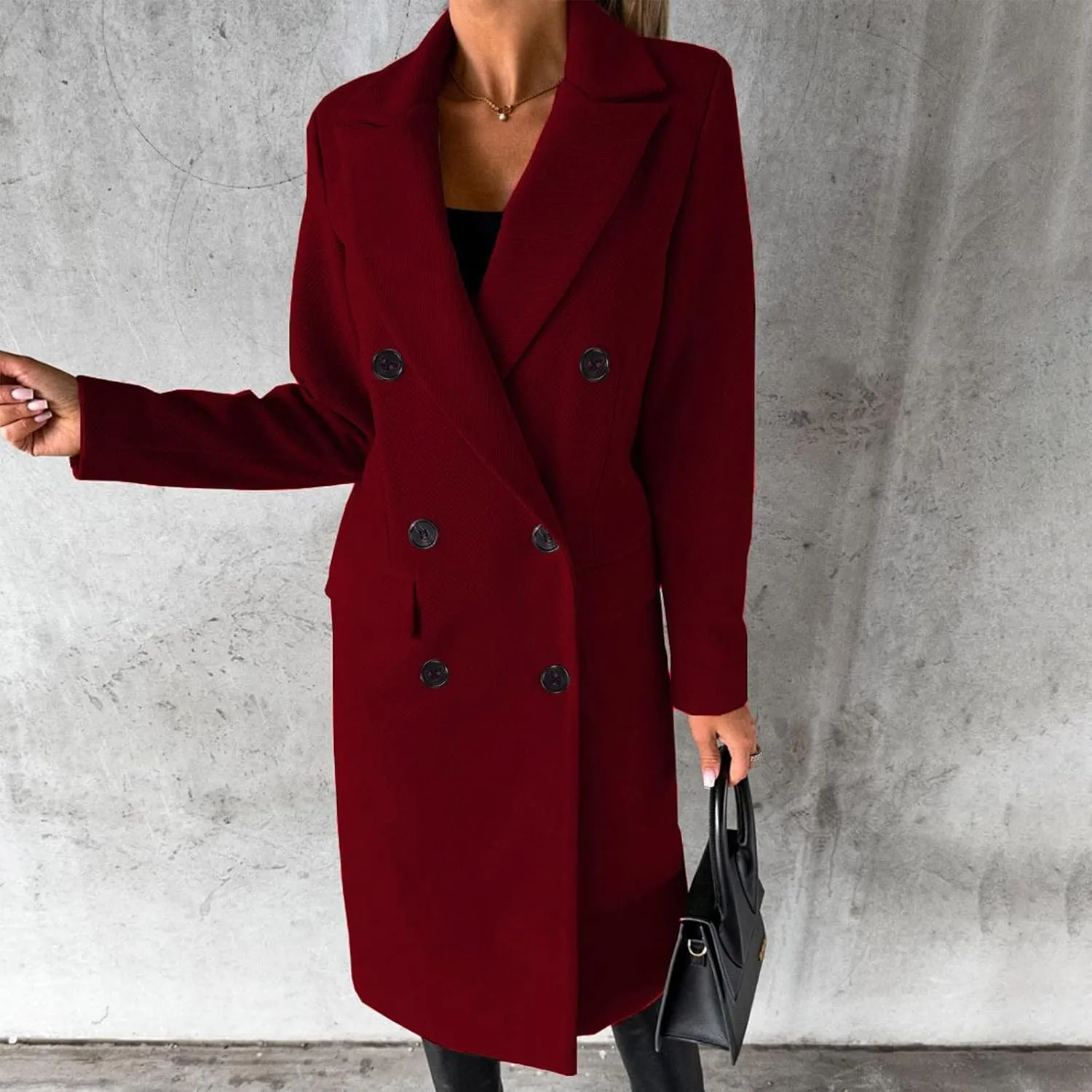 Wkishenl Long Winter Coats for Women Casual Notch Lapel Double-Breasted Peacoat Elegant Work Office Trench Coat with Pockets