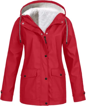 Wkishenl Rain Jacket for Women Softshell Warm Fleece Lined Fall Winter Coats Hooded Waterproof Windbreaker Trench Coat