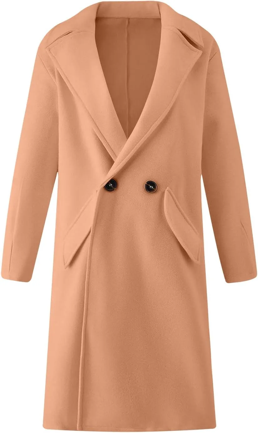 Wkishenl Womens Lapel Collar Double Breasted Pea Coat Winter Warm Wool Blend Long Jackets Fashion Trench Coat with Pockets