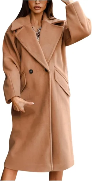 Wkishenl Womens Lapel Collar Double Breasted Pea Coat Winter Warm Wool Blend Long Jackets Fashion Trench Coat with Pockets