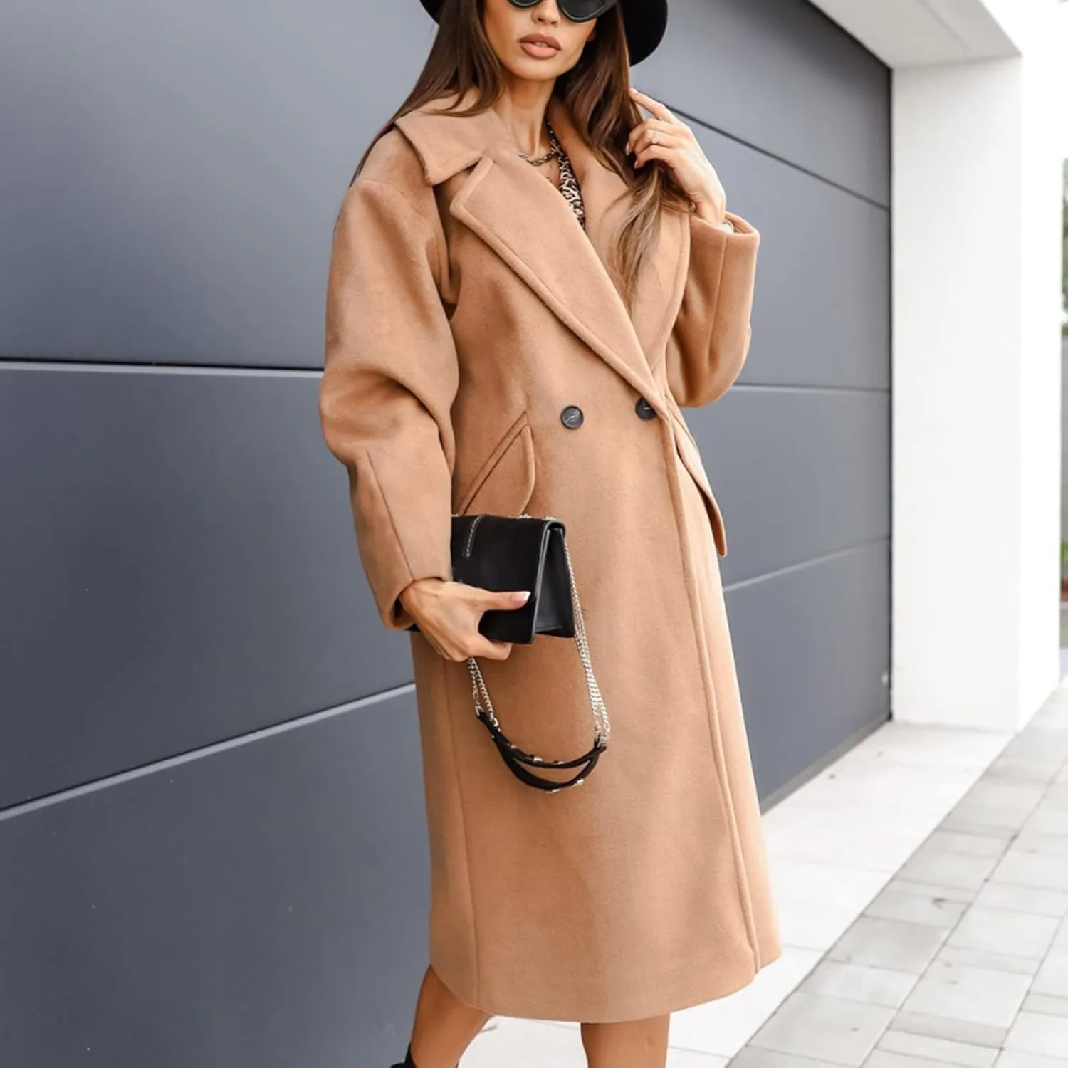 Wkishenl Womens Lapel Collar Double Breasted Pea Coat Winter Warm Wool Blend Long Jackets Fashion Trench Coat with Pockets