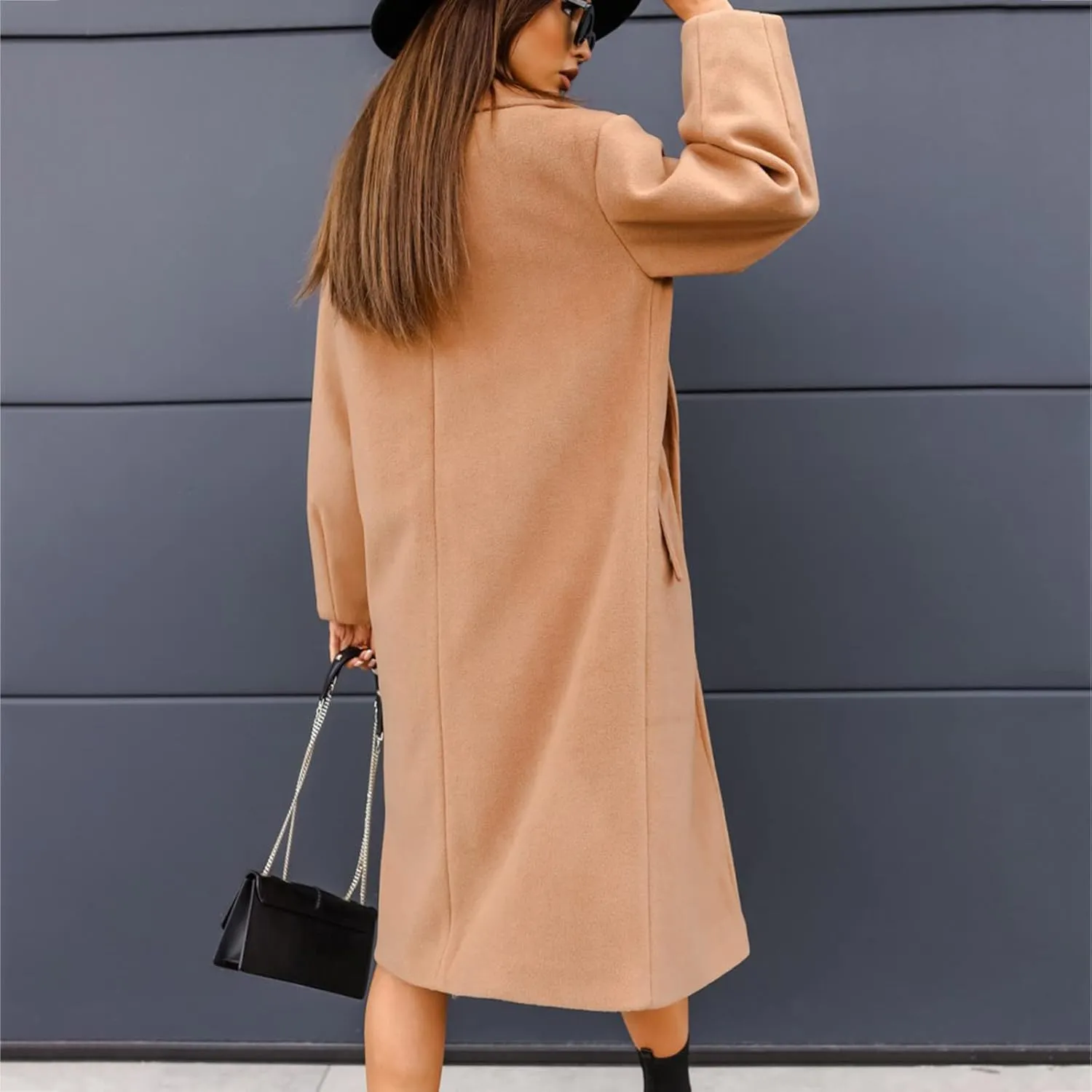 Wkishenl Womens Lapel Collar Double Breasted Pea Coat Winter Warm Wool Blend Long Jackets Fashion Trench Coat with Pockets