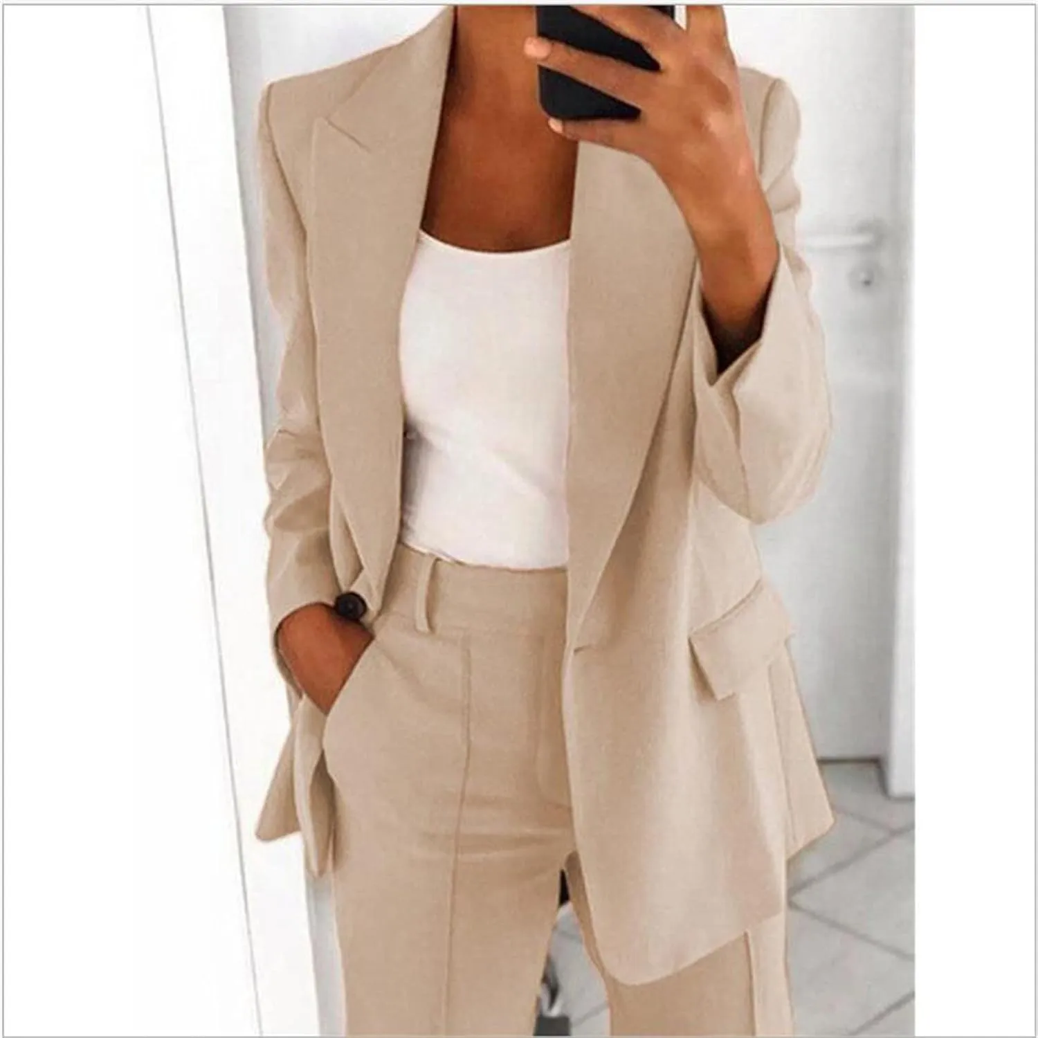 Women 2 Piece Plus Size Casual Blazers Open Front Long Sleeve Button Jackets and Pants Office Business Work Suit Set