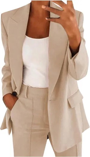 Women 2 Piece Plus Size Casual Blazers Open Front Long Sleeve Button Jackets and Pants Office Business Work Suit Set