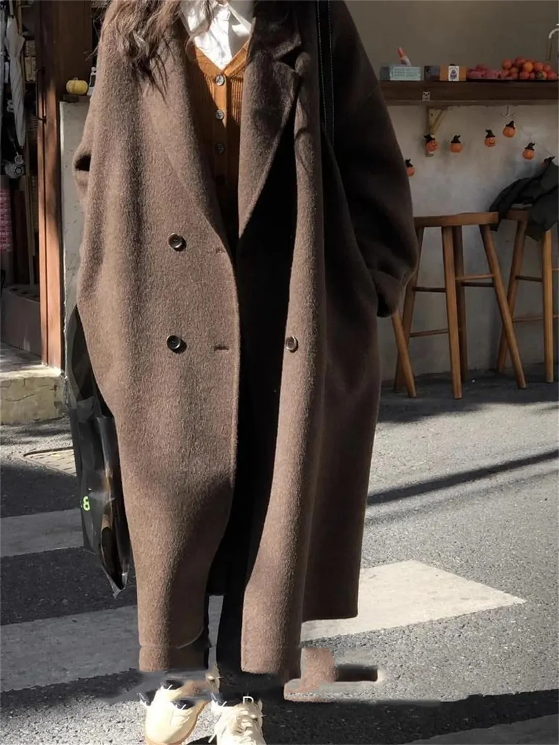 Women Casual Woolen Long Trench Coat Winter Classic Laper Double Breasted Warm Overcoat