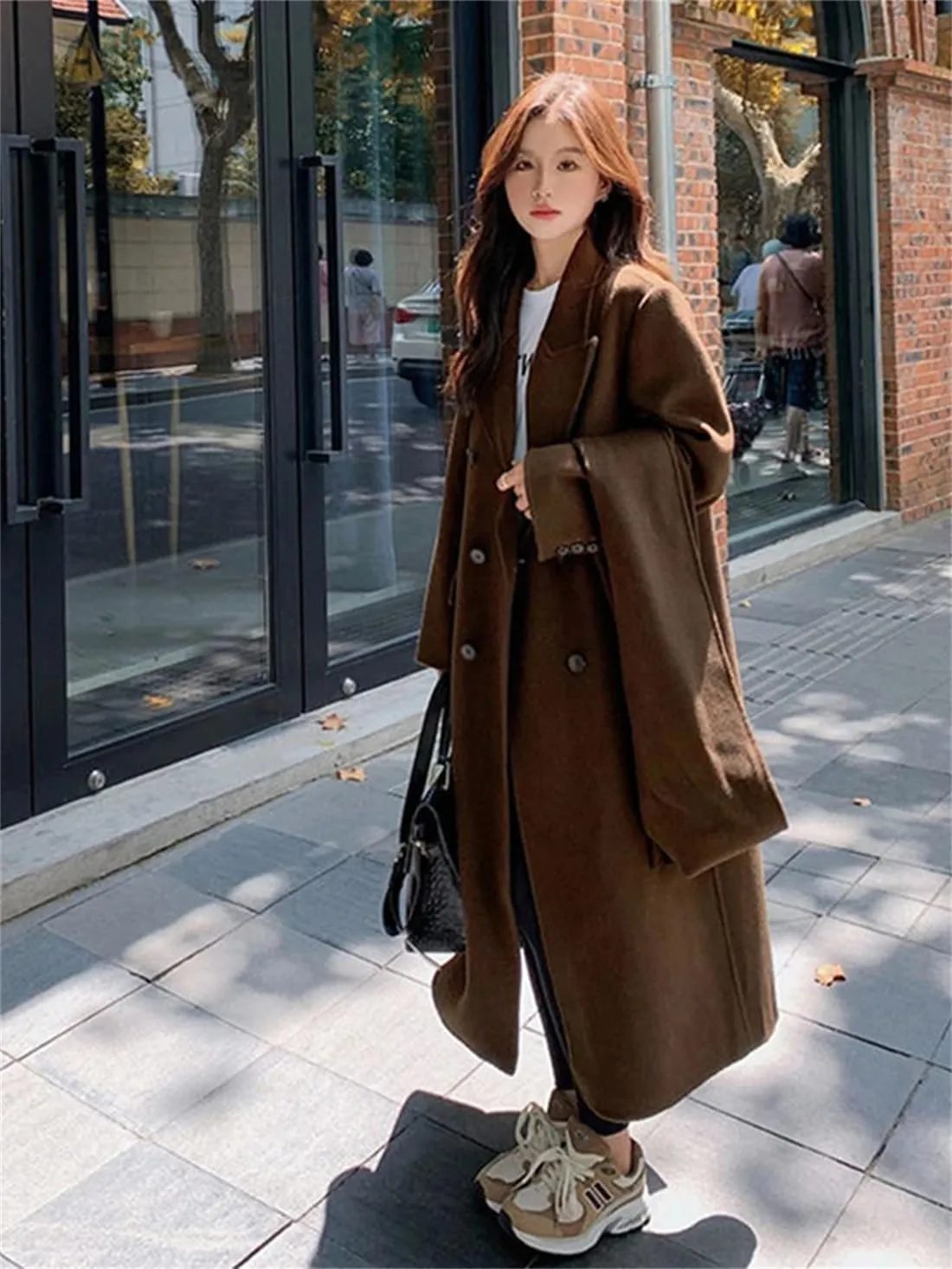 Women Casual Woolen Long Trench Coat Winter Classic Laper Double Breasted Warm Overcoat