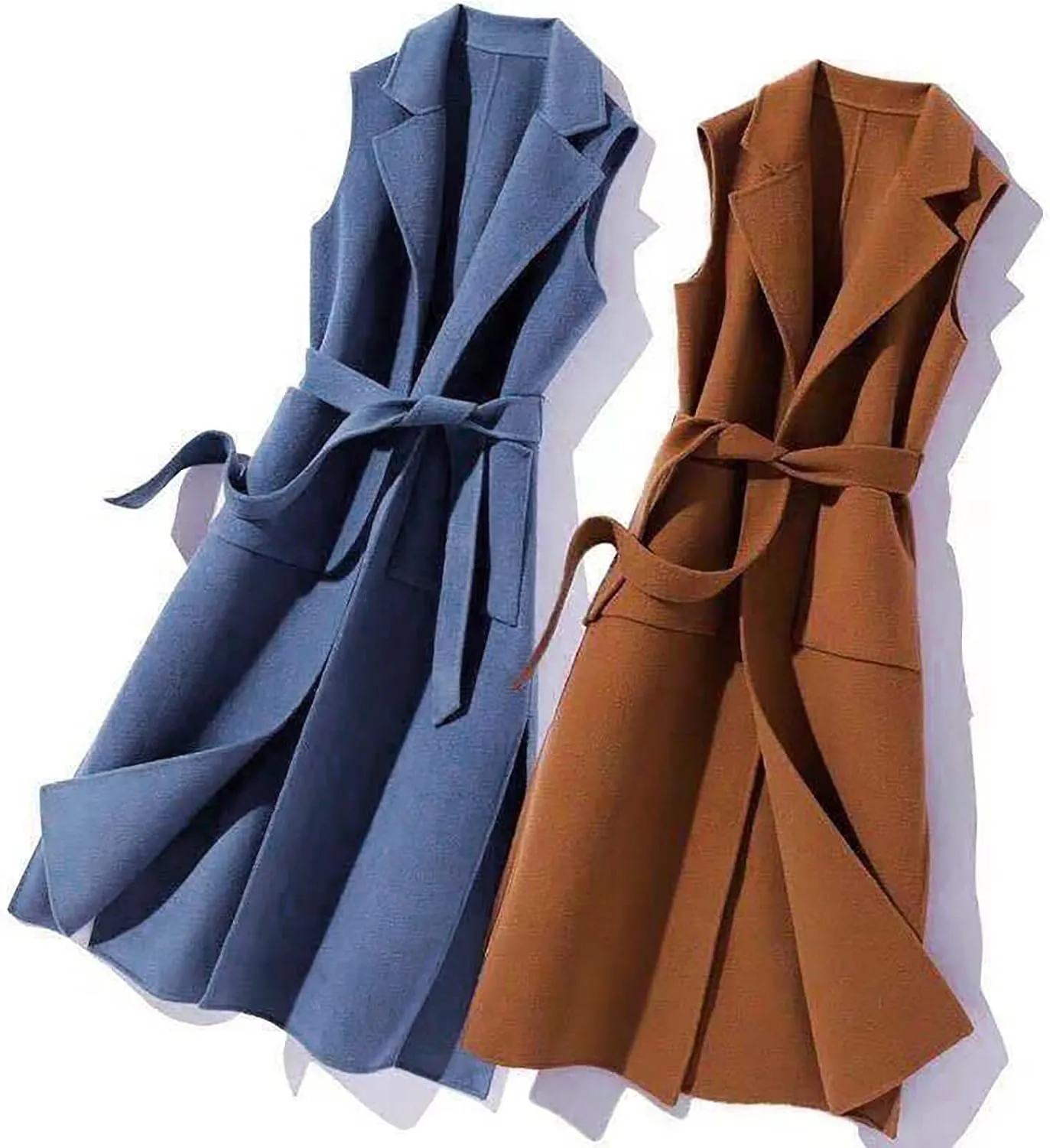 Women Notch Lapel Long Vest Cardigan Sleeveless Wool Blend Trench Coat Tie Waist Mid Length Pea Overcoat Outerwear
