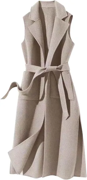 Women Notch Lapel Long Vest Cardigan Sleeveless Wool Blend Trench Coat Tie Waist Mid Length Pea Overcoat Outerwear