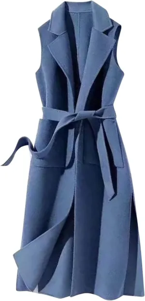 Women Notch Lapel Long Vest Cardigan Sleeveless Wool Blend Trench Coat Tie Waist Mid Length Pea Overcoat Outerwear