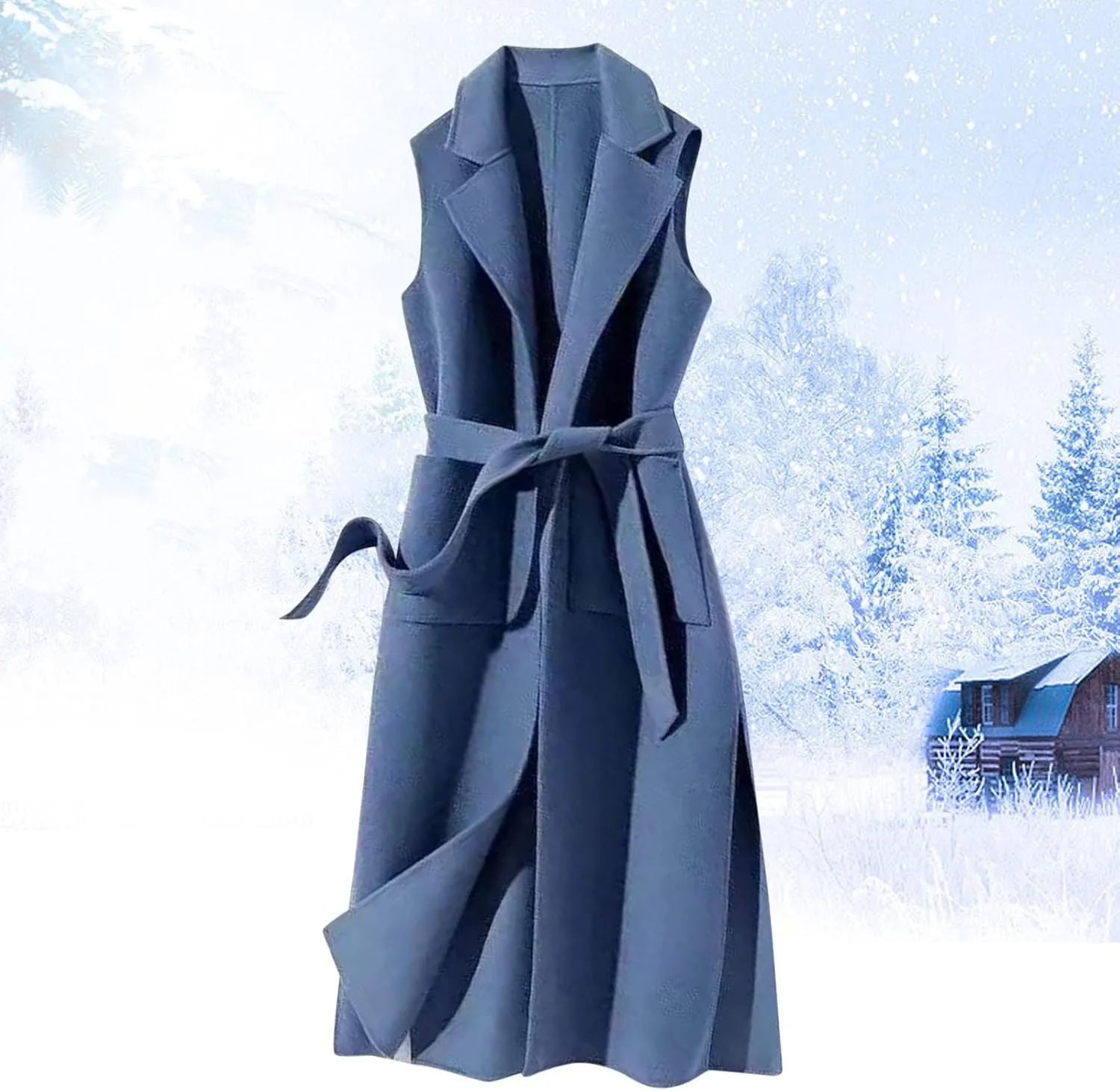 Women Notch Lapel Long Vest Cardigan Sleeveless Wool Blend Trench Coat Tie Waist Mid Length Pea Overcoat Outerwear