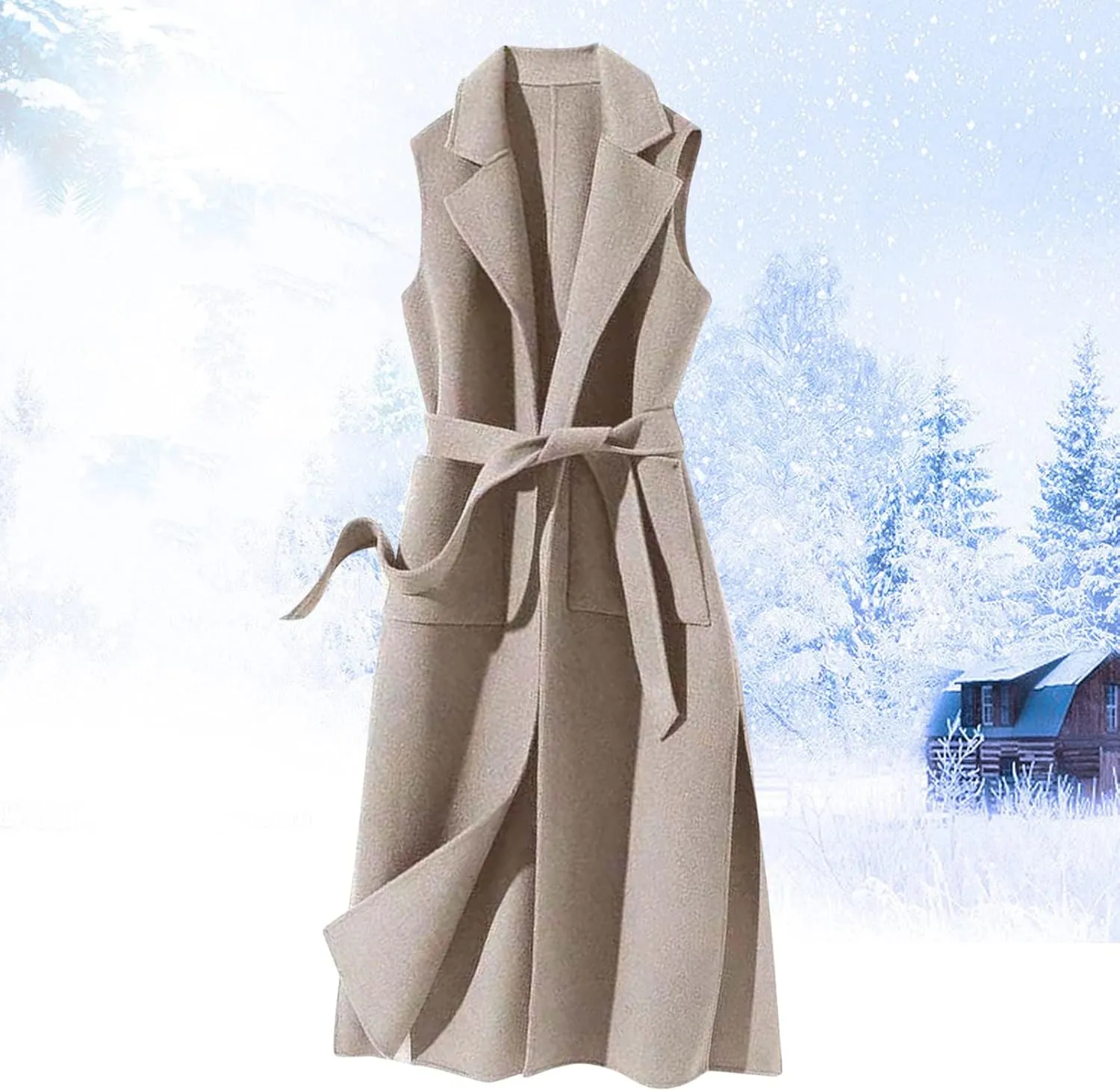 Women Notch Lapel Long Vest Cardigan Sleeveless Wool Blend Trench Coat Tie Waist Mid Length Pea Overcoat Outerwear