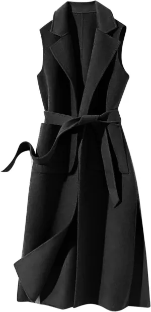 Women Notch Lapel Long Vest Cardigan Sleeveless Wool Blend Trench Coat Tie Waist Mid Length Pea Overcoat Outerwear