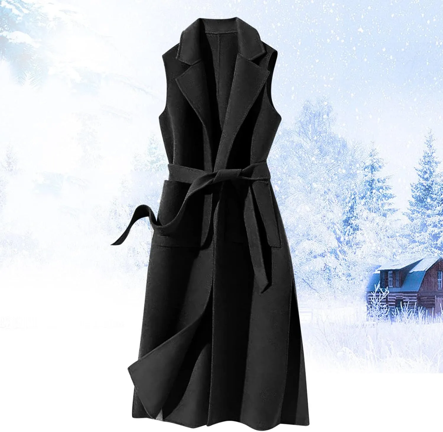 Women Notch Lapel Long Vest Cardigan Sleeveless Wool Blend Trench Coat Tie Waist Mid Length Pea Overcoat Outerwear