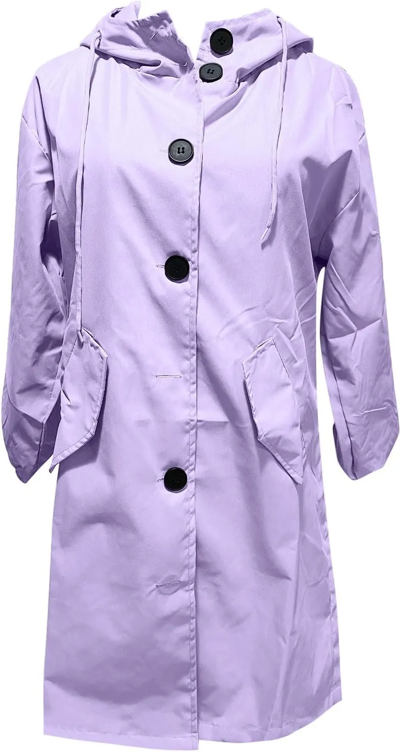 Women Trench Coat Long Sleeve Solid Pocket Cardigan Button Top Sweater Knit Hooded Coat Lapel Slim Casual Petite