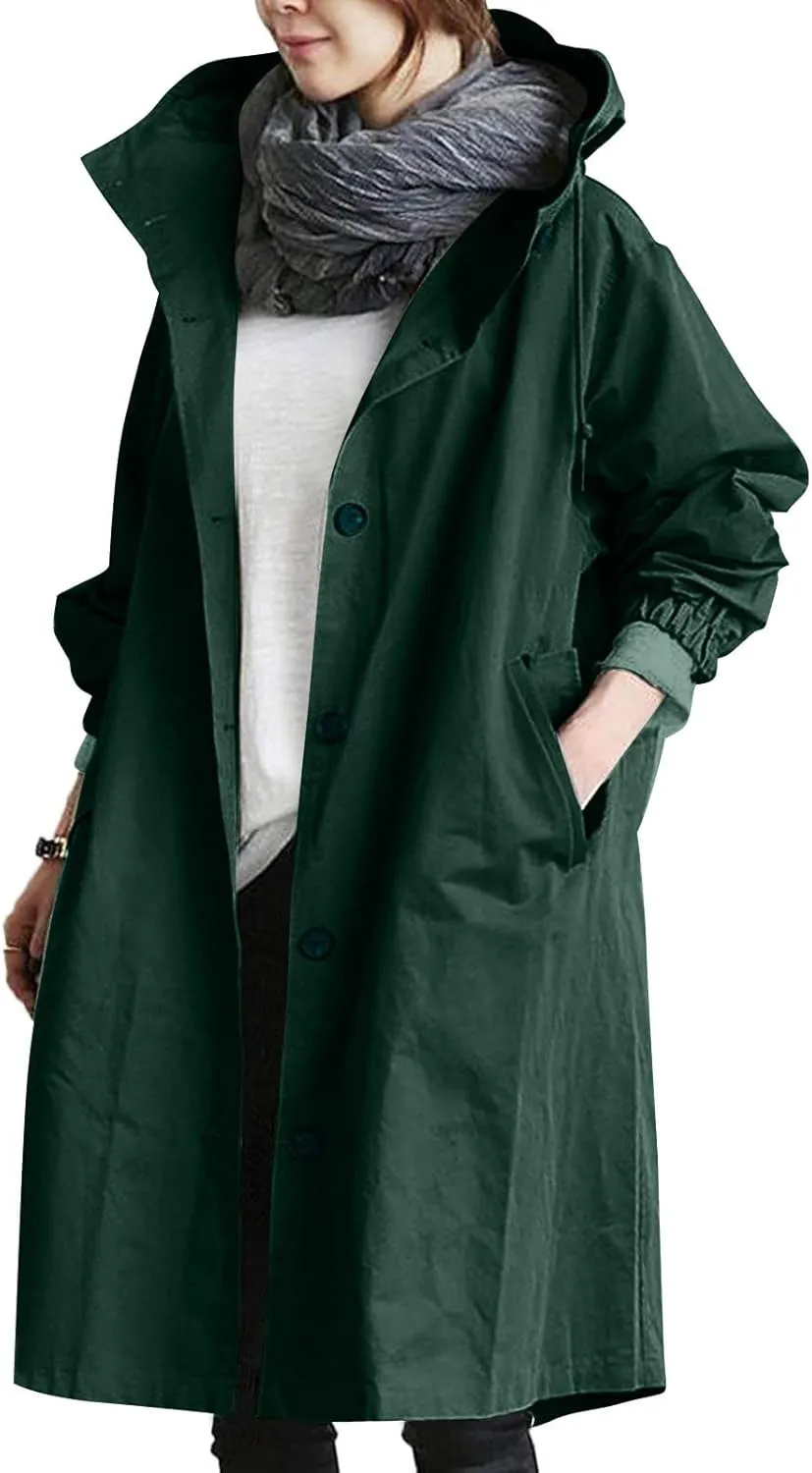 Women Trench Coat Long Sleeve Solid Pocket Cardigan Button Top Sweater Knit Hooded Coat Lapel Slim Casual Petite