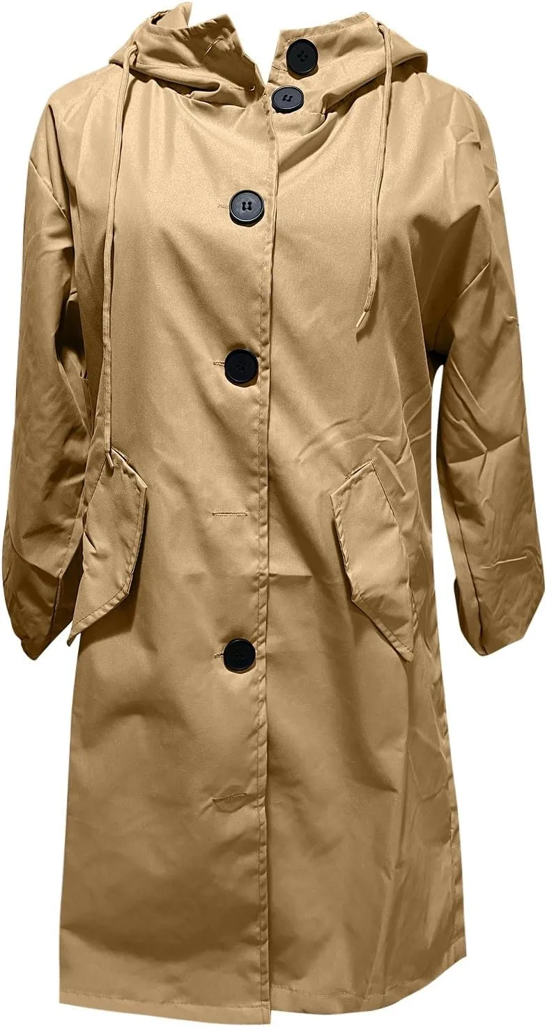 Women Trench Coat Long Sleeve Solid Pocket Cardigan Button Top Sweater Knit Hooded Coat Lapel Slim Casual Petite