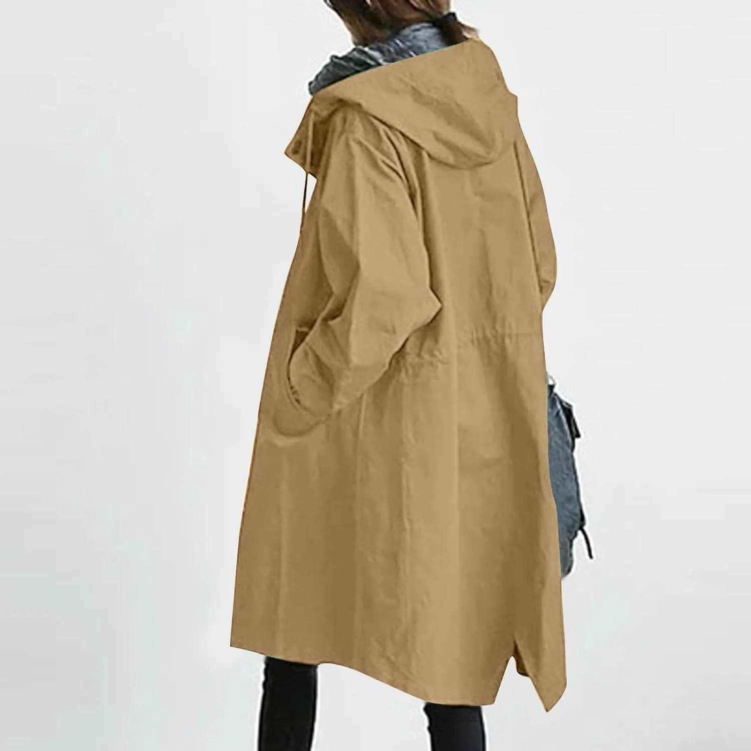 Women Trench Coat Long Sleeve Solid Pocket Cardigan Button Top Sweater Knit Hooded Coat Lapel Slim Casual Petite