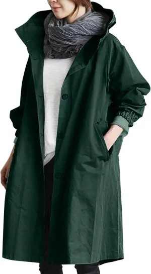 Women Trench Coat Long Sleeve Solid Pocket Cardigan Button Top Sweater Knit Hooded Coat Lapel Slim Casual Petite