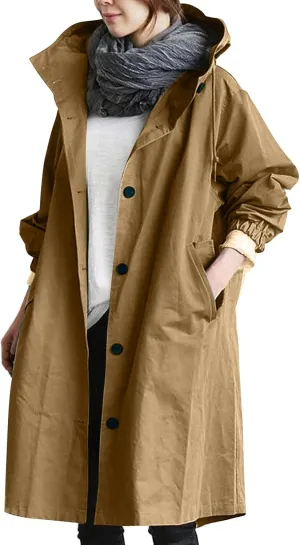 Women Trench Coat Long Sleeve Solid Pocket Cardigan Button Top Sweater Knit Hooded Coat Lapel Slim Casual Petite