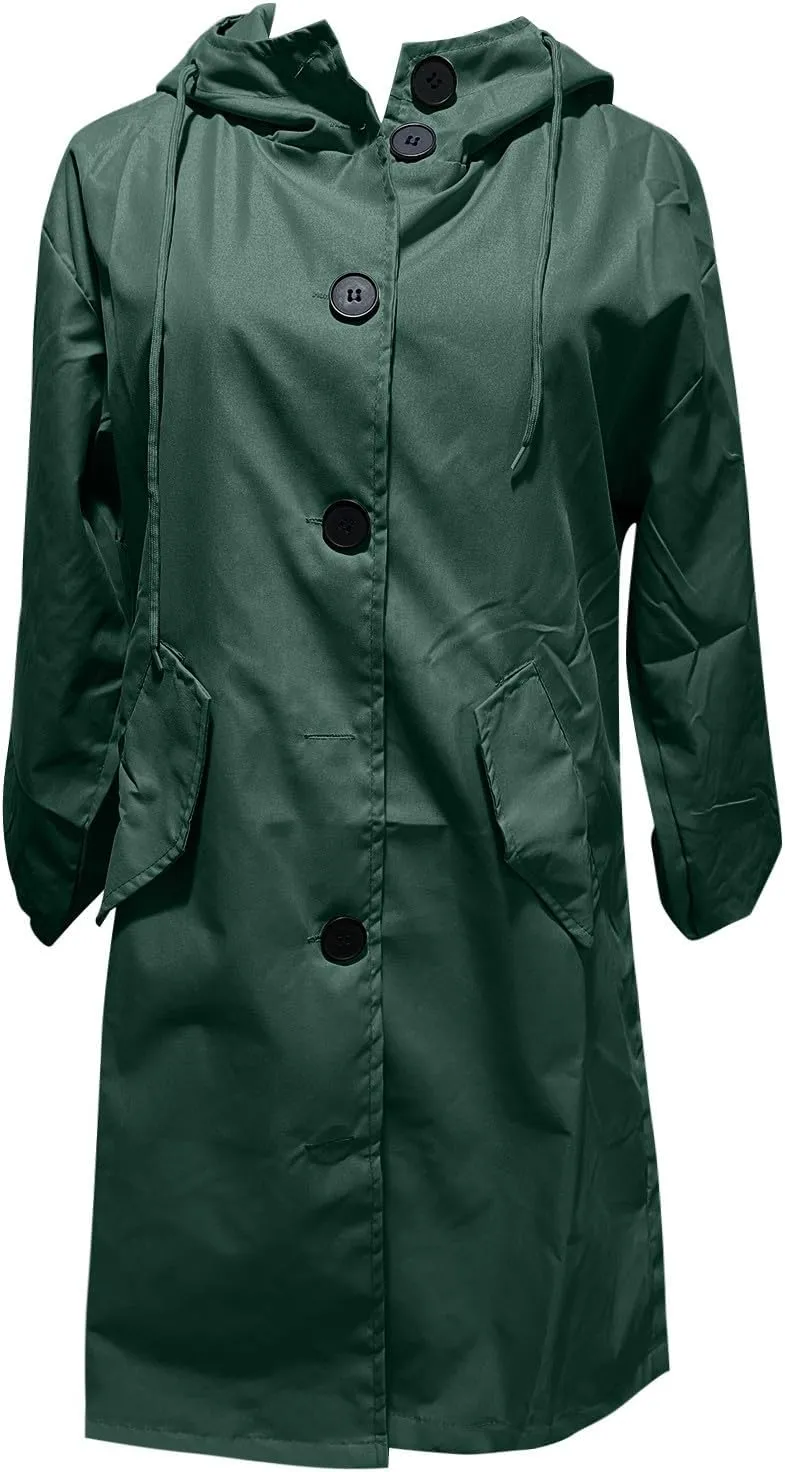 Women Trench Coat Long Sleeve Solid Pocket Cardigan Button Top Sweater Knit Hooded Coat Lapel Slim Casual Petite