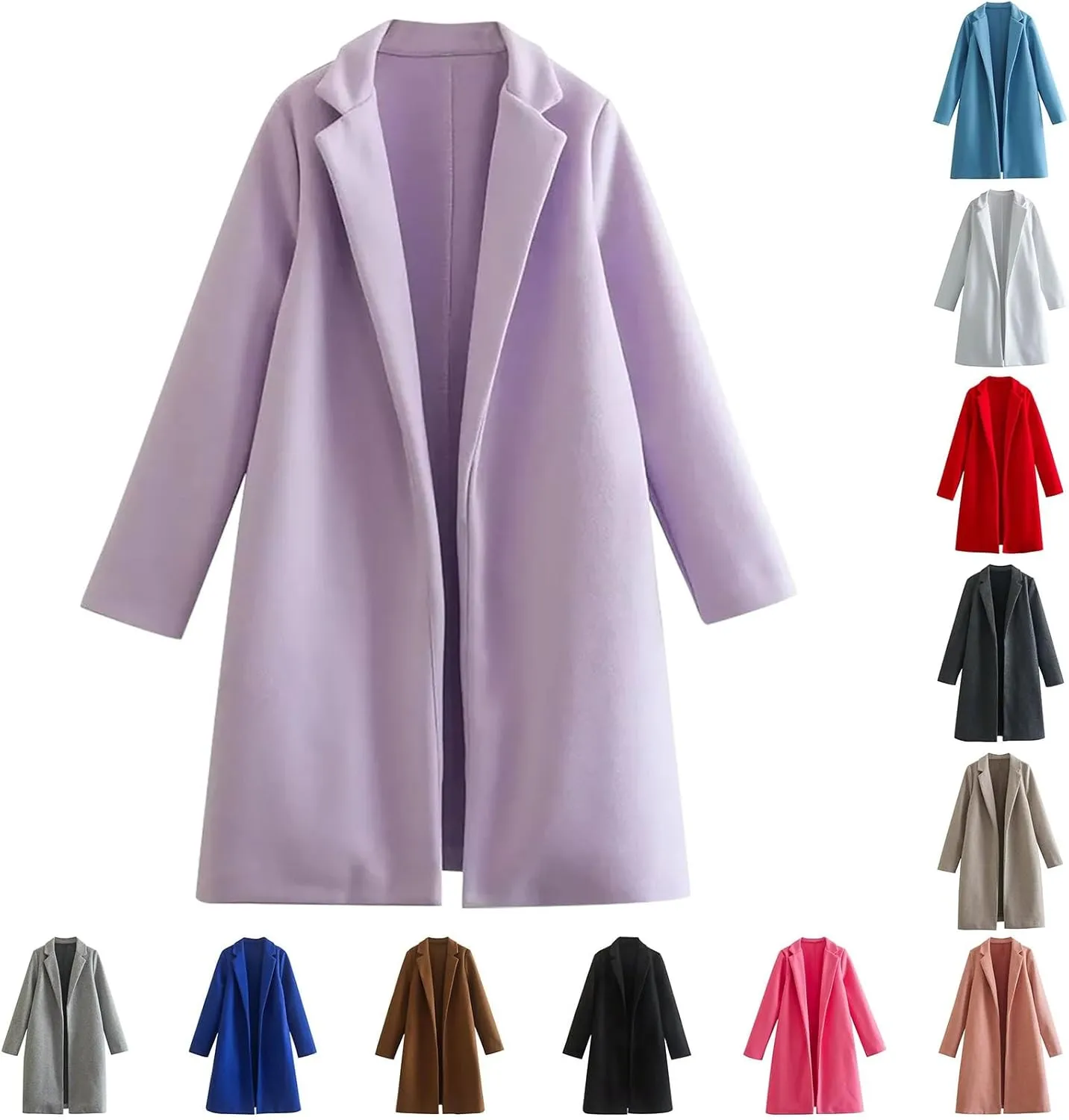 Women Winter Coats Wool Blend Mid Long Trench Coats Notch Lapel Open Front Pea Coat Elegant Work Office Jackets