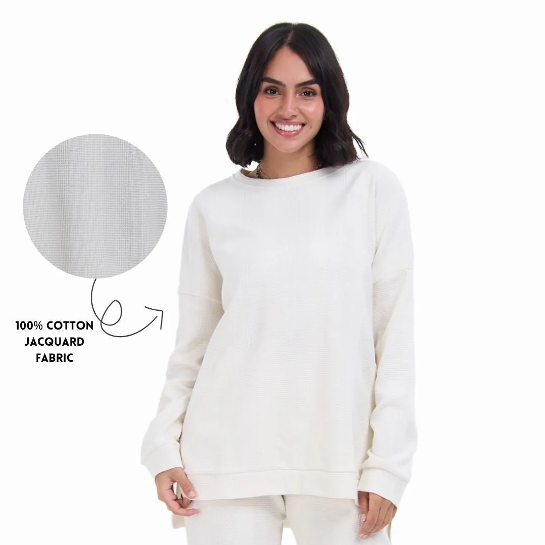 Women Winter Pajama Set Off white jacquard Oversized Sweatshirt   Pants