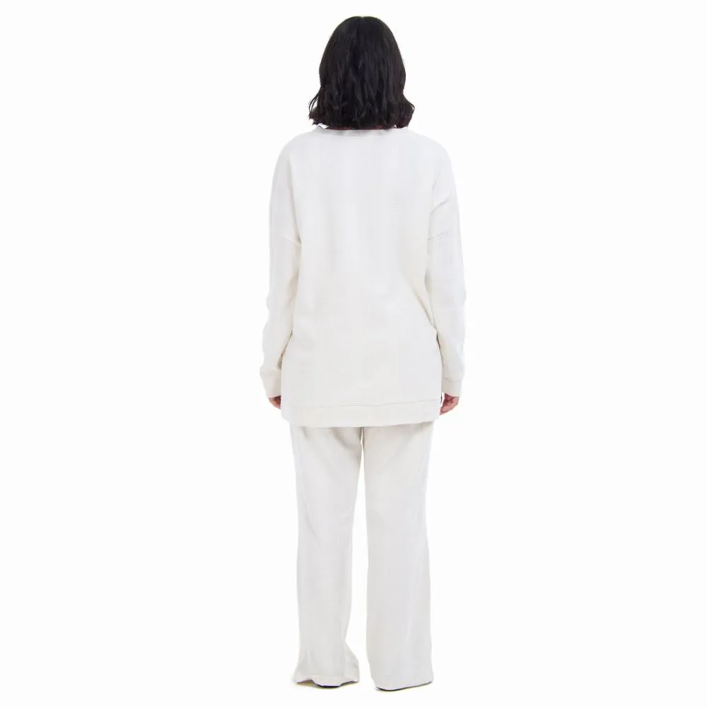 Women Winter Pajama Set Off white jacquard Oversized Sweatshirt   Pants